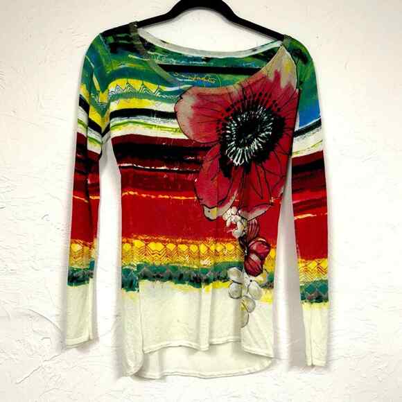 Desigual White Multi Color Floral Print Scoop Neck Sheer Lightweight Sweater XXL - Picture 1 of 10